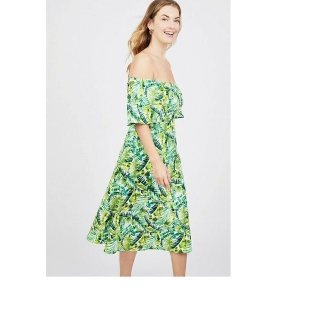 Clover and Stone Green Botanical Off Shoulder Midi Fit and Flare Dress XS